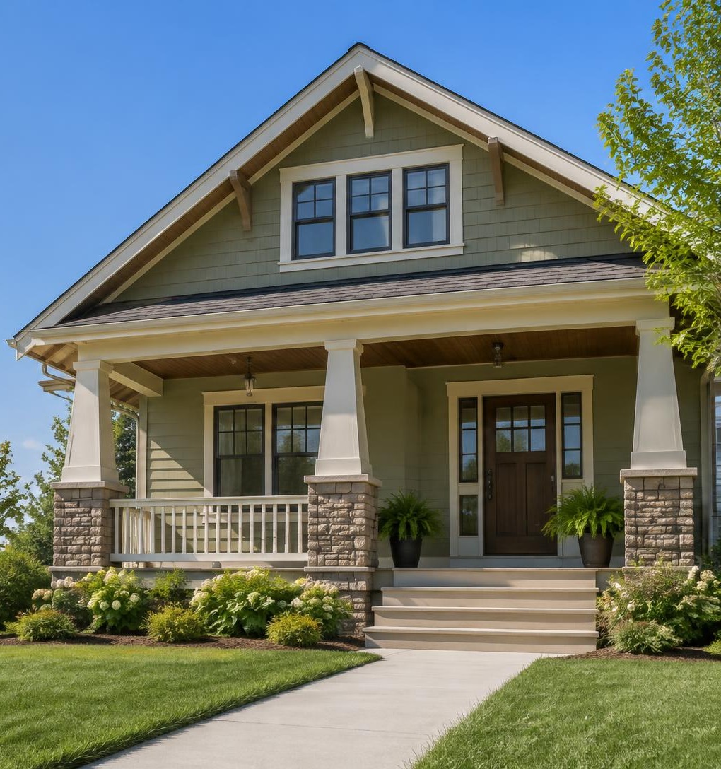 Welcoming craftsman home with a centered front view, green lawn, and clear sky