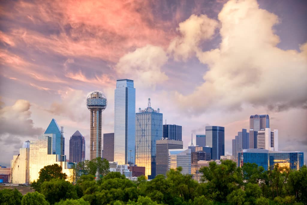Dallas at sunset Dallas City skyline at sunset, Texas, USA