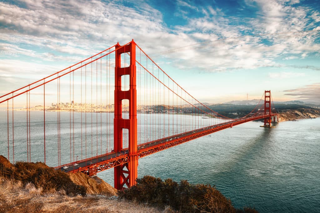 famous Golden Gate Bridge, San Francisco at night, USA