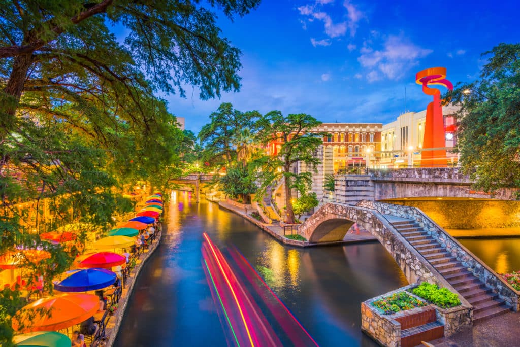 San Antonio River Walk San Antonio, Texas, USA cityscape at the River Walk.