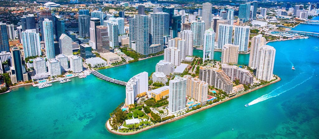 Maimi, FL Miami Florida's downtown district shot from an altitude of about 1000 feet over the Biscayne Bay during a helicopter photo flight.