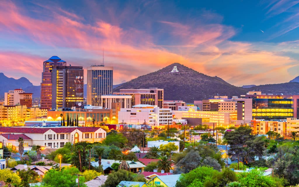 Tucson, Arizona, USA downtown skyline with Sentinel Peak at dusk. (Mountaintop "A"  for "Arizona")