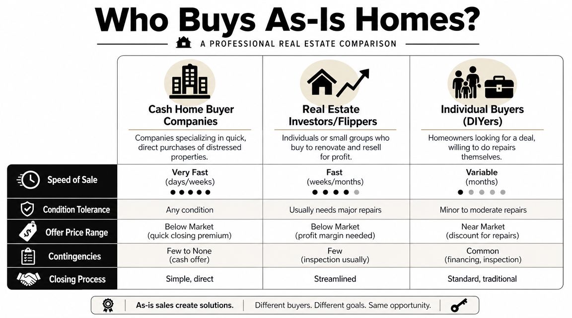 A comparison chart outlining the three primary types of buyers for as-is home sales and their characteristics.