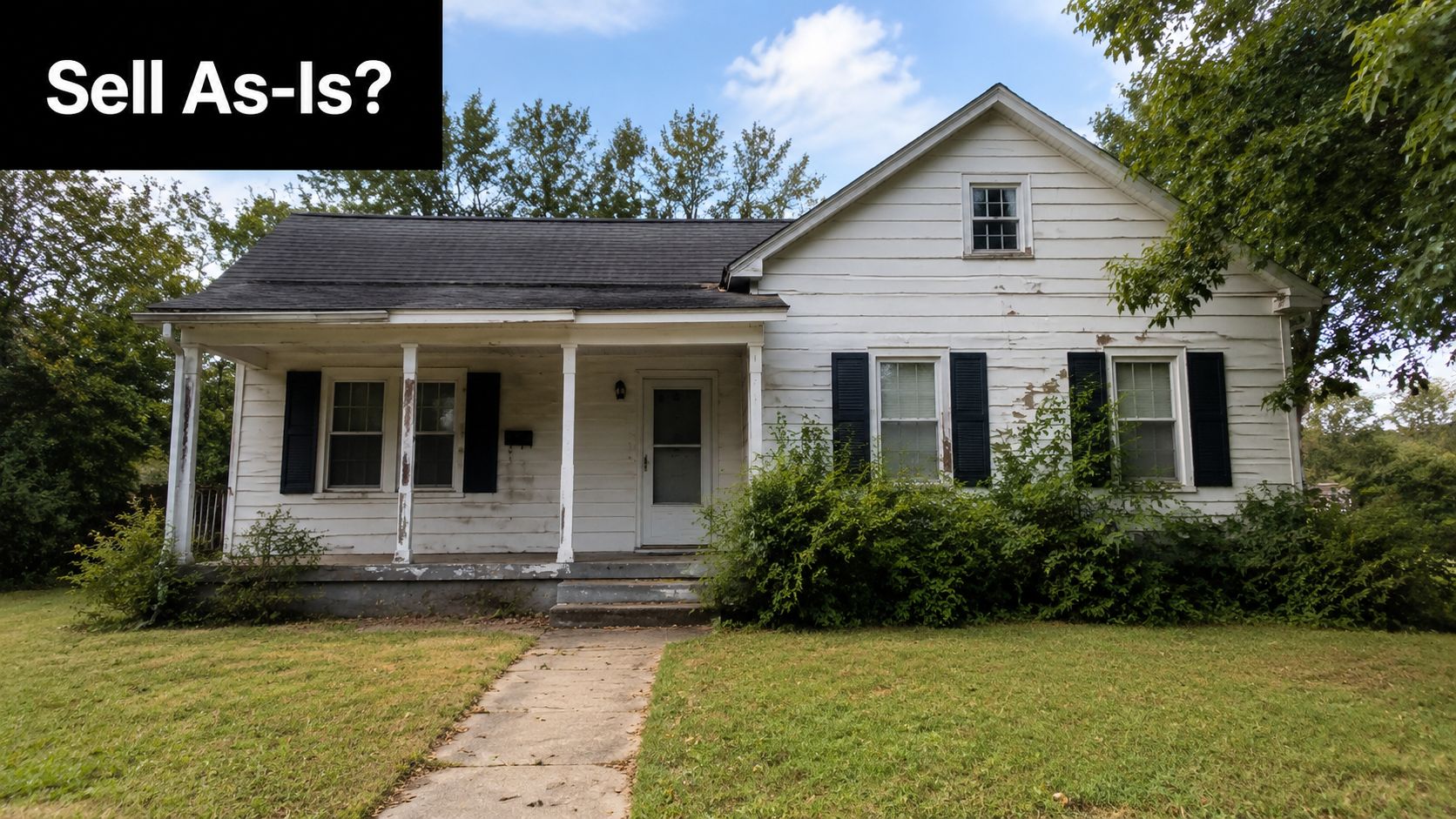 An older white cottage style house with peeling paint, showing a need for exterior home maintenance.
