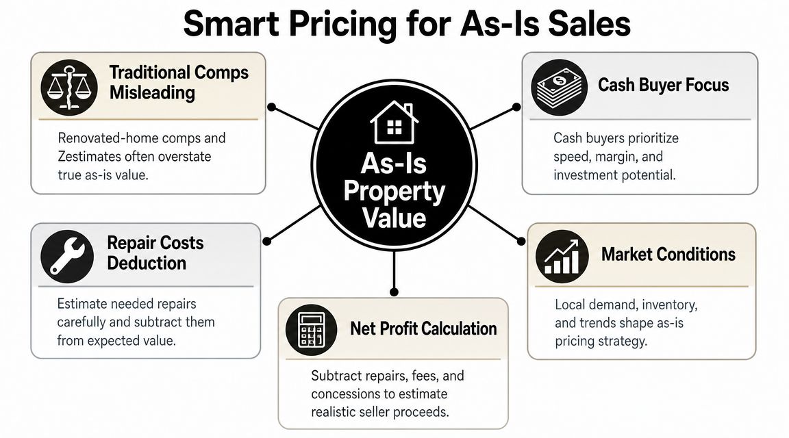 A diagram outlining five key factors for determining the fair market value of as-is property sales.