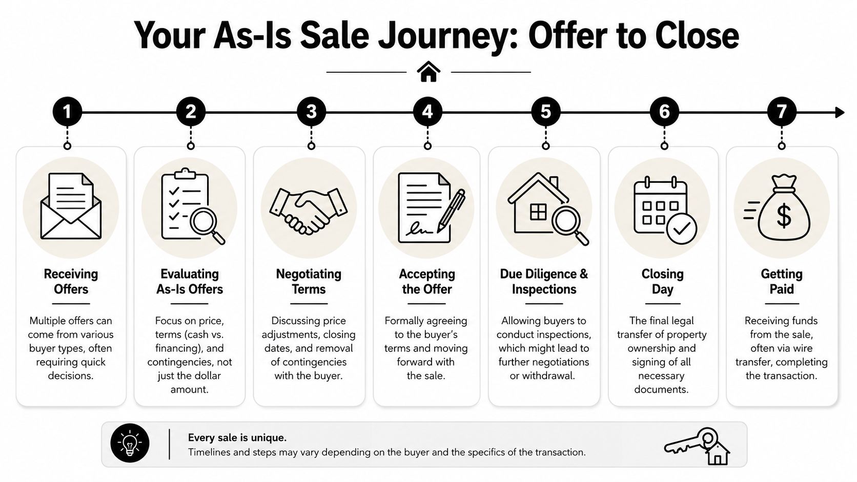 A diagram outlining the seven-step journey of selling a house in as-is condition from offer to closing.