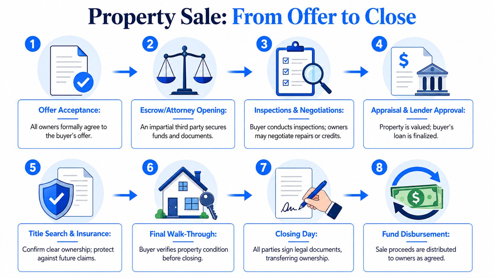 An eight-step infographic illustrating the property sale process from initial offer acceptance to final fund disbursement.