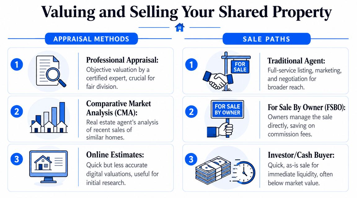 An infographic detailing appraisal methods and various sale paths for valuing and selling shared property.