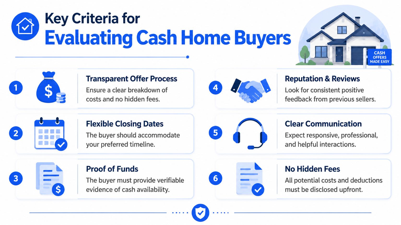 An infographic detailing six essential criteria to evaluate when choosing a cash home buyer service.