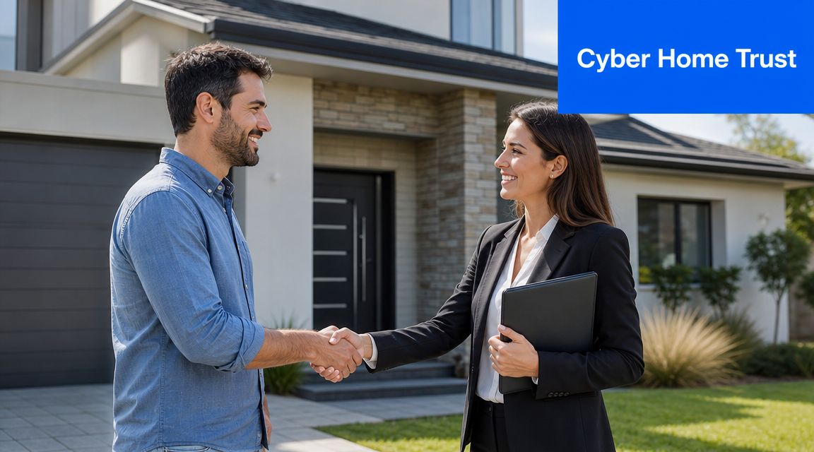 A real estate agent shaking hands with a man in front of a modern suburban house.